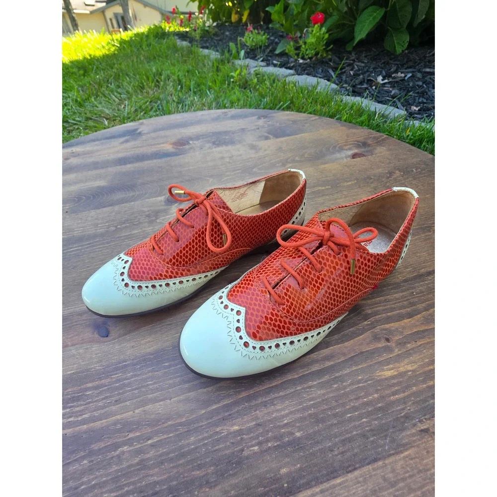 Marc Joseph New York NYC Golf Shoes Orange Snakeskin Leather Wingtip Womens 7.5